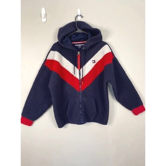 Tommy Hilfiger Hooded Sherpa Colorblock Chevron Full Zip Jacket L Blue Red Retro - Picture 1 of 12